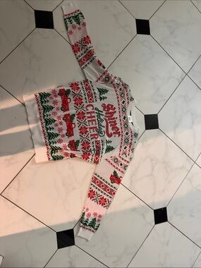 White Holiday Crewneck Sweater with Red & Green Festive Motif